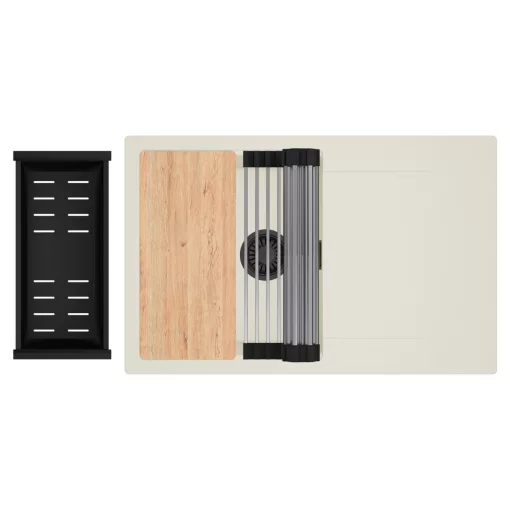 HD Onyx White 78 egymedencés gránit mosogatótálca szett, vágódeszkával, csepegtetőtálcával, vágódeszkával, acél csepegtetőráccsal és matt fekete kosárral, tört fehér színben, matt fekete leeresztő szifonnal