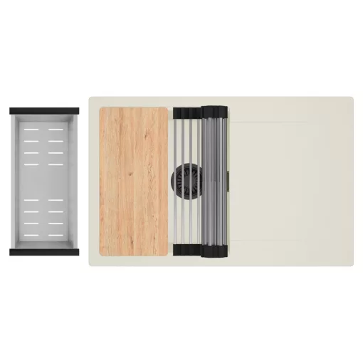 HD Onyx White 78 egymedencés gránit mosogatótálca szett, vágódeszkával, csepegtetőtálcával, vágódeszkával, acél csepegtetőráccsal és kosárral, tört fehér színben, matt fekete leeresztő szifonnal