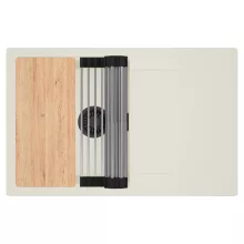 HD Onyx White 78 egymedencés gránit mosogatótálca szett, vágódeszkával, csepegtetőtálcával, vágódeszkával, acél csepegtetőráccsal, tört fehér színben, matt fekete leeresztő szifonnal