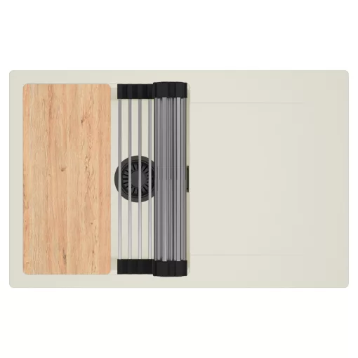 HD Onyx White 78 egymedencés gránit mosogatótálca szett, vágódeszkával, csepegtetőtálcával, vágódeszkával, acél csepegtetőráccsal, tört fehér színben, matt fekete leeresztő szifonnal