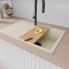 HD Onyx White 78 egymedencés gránit mosogatótálca szett, vágódeszkával, csepegtetőtálcával, vágódeszkával, acél csepegtetőráccsal, tört fehér színben, matt fekete leeresztő szifonnal