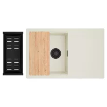 HD Onyx White 78 egymedencés gránit mosogatótálca szett, vágódeszkával, csepegtetőtálcával, vágódeszkával, matt fekete csepegtetőkosárral, tört fehér színben, matt fekete leeresztő szifonnal