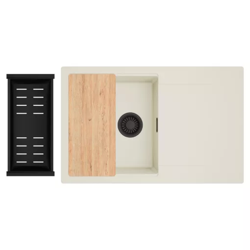 HD Onyx White 78 egymedencés gránit mosogatótálca szett, vágódeszkával, csepegtetőtálcával, vágódeszkával, matt fekete csepegtetőkosárral, tört fehér színben, matt fekete leeresztő szifonnal