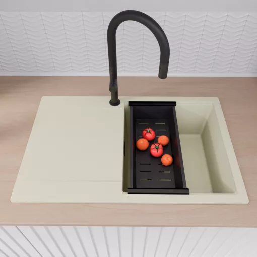 HD Onyx White 78 egymedencés gránit mosogatótálca szett, vágódeszkával, csepegtetőtálcával, vágódeszkával, matt fekete csepegtetőkosárral, tört fehér színben, matt fekete leeresztő szifonnal