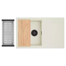 HD Onyx White 78 egymedencés gránit mosogatótálca szett, vágódeszkával, csepegtetőtálcával, vágódeszkával, acél csepegtetőkosárral, tört fehér színben, matt fekete leeresztő szifonnal