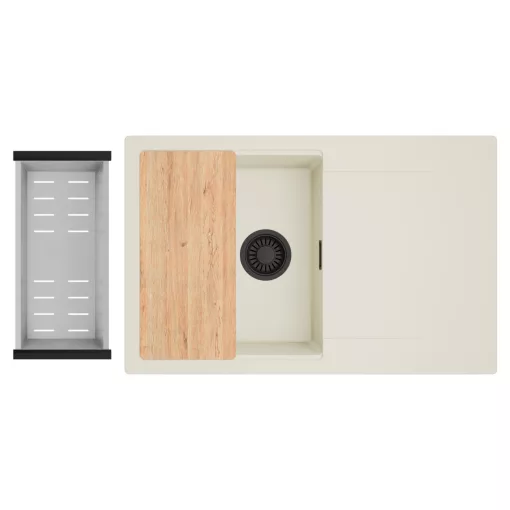 HD Onyx White 78 egymedencés gránit mosogatótálca szett, vágódeszkával, csepegtetőtálcával, vágódeszkával, acél csepegtetőkosárral, tört fehér színben, matt fekete leeresztő szifonnal