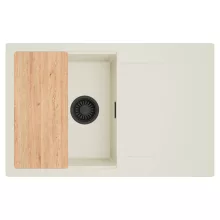 HD Onyx White 78 egymedencés gránit mosogatótálca, vágódeszkával, vágódeszkával, tört fehér színben, matt fekete leeresztő szifonnal