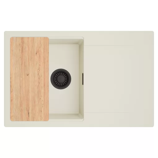 HD Onyx White 78 egymedencés gránit mosogatótálca, vágódeszkával, vágódeszkával, tört fehér színben, matt fekete leeresztő szifonnal