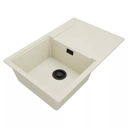 HD Onyx White 78 egymedencés gránit mosogatótálca, vágódeszkával, vágódeszkával, tört fehér színben, matt fekete leeresztő szifonnal