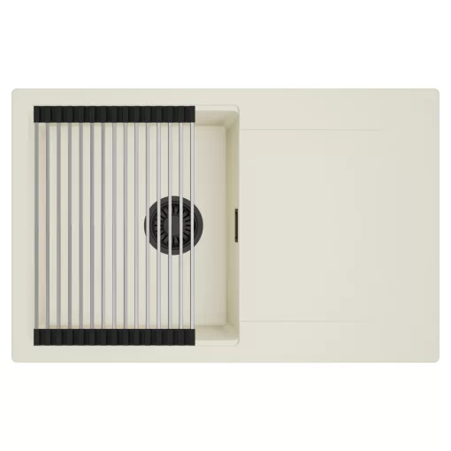 HD Onyx White 78 egymedencés mosogatótálca szett, acél csepegtetőráccsal, csepegtetőtálcával, tört fehér színben, matt fekete leeresztő szifonnal