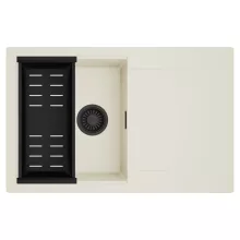 HD Onyx White 78 egymedencés mosogatótálca szett, matt fekete csepegtetőkosárral, csepegtetőtálcával, tört fehér színben, matt fekete leeresztő szifonnal