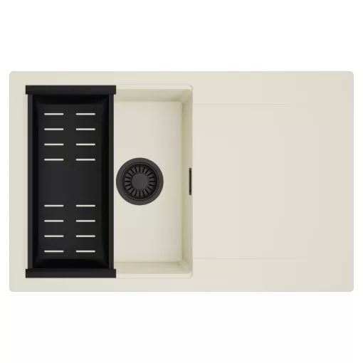 HD Onyx White 78 egymedencés mosogatótálca szett, matt fekete csepegtetőkosárral, csepegtetőtálcával, tört fehér színben, matt fekete leeresztő szifonnal