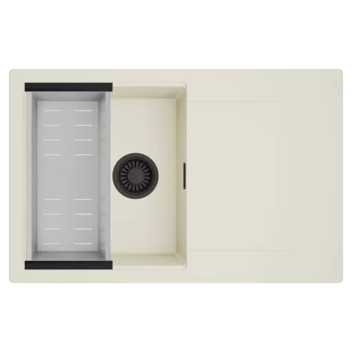 HD Onyx White 78 egymedencés mosogatótálca szett, acél csepegtetőkosárral, csepegtetőtálcával, tört fehér színben, matt fekete leeresztő szifonnal