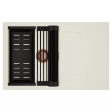 HD Onyx White 78 egymedencés mosogatótálca szett, matt fekete csepegtetőráccsal és kosárral, csepegtetőtálcával, tört fehér színben, szálcsiszolt réz leeresztő szifonnal