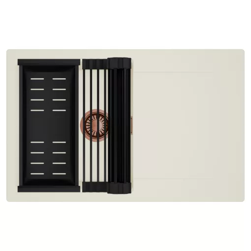 HD Onyx White 78 egymedencés mosogatótálca szett, matt fekete csepegtetőráccsal és kosárral, csepegtetőtálcával, tört fehér színben, szálcsiszolt réz leeresztő szifonnal