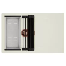 HD Onyx White 78 egymedencés mosogatótálca szett, matt fekete csepegtetőráccsal és krómozott kosárral, csepegtetőtálcával, tört fehér színben, szálcsiszolt réz leeresztő szifonnal