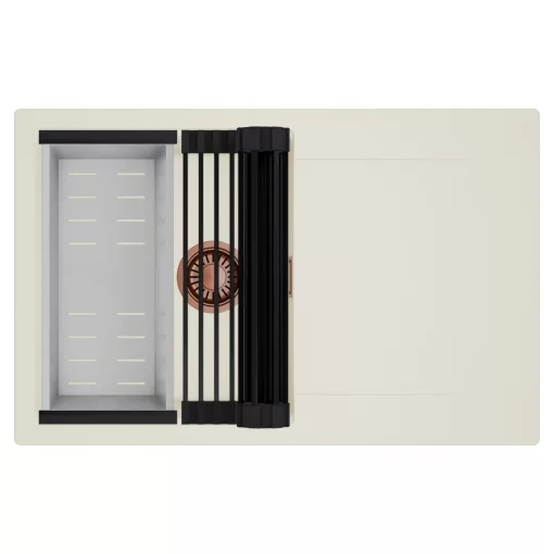 HD Onyx White 78 egymedencés mosogatótálca szett, matt fekete csepegtetőráccsal és krómozott kosárral, csepegtetőtálcával, tört fehér színben, szálcsiszolt réz leeresztő szifonnal