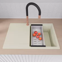 HD Onyx White 78 egymedencés mosogatótálca szett, matt fekete csepegtetőráccsal és krómozott kosárral, csepegtetőtálcával, tört fehér színben, szálcsiszolt réz leeresztő szifonnal