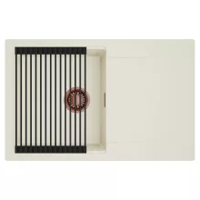 HD Onyx White 78 egymedencés mosogatótálca szett, matt fekete csepegtetőráccsal, csepegtetőtálcával, tört fehér színben, szálcsiszolt réz leeresztő szifonnal