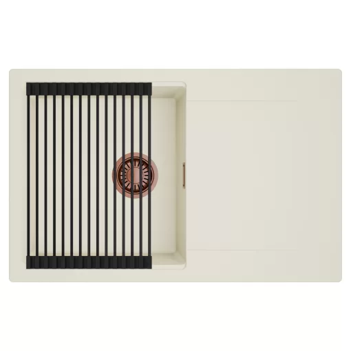 HD Onyx White 78 egymedencés mosogatótálca szett, matt fekete csepegtetőráccsal, csepegtetőtálcával, tört fehér színben, szálcsiszolt réz leeresztő szifonnal