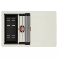 HD Onyx White 78 egymedencés mosogatótálca szett, acél csepegtetőráccsal és matt fekete kosárral, csepegtetőtálcával, tört fehér színben, szálcsiszolt réz leeresztő szifonnal