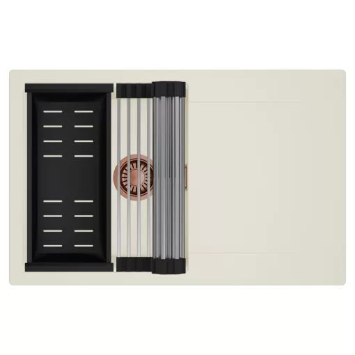 HD Onyx White 78 egymedencés mosogatótálca szett, acél csepegtetőráccsal és matt fekete kosárral, csepegtetőtálcával, tört fehér színben, szálcsiszolt réz leeresztő szifonnal