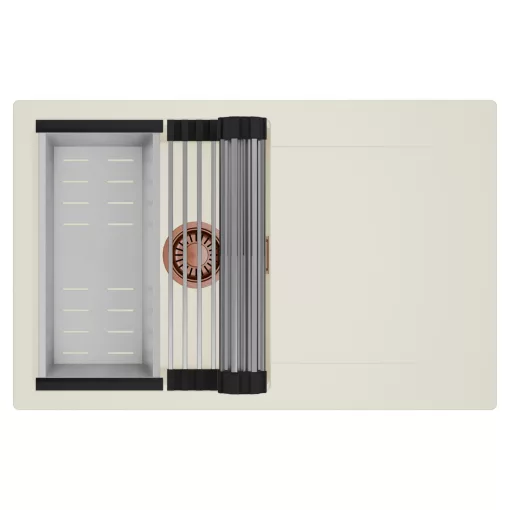 HD Onyx White 78 egymedencés mosogatótálca szett, acél csepegtetőráccsal és kosárral, csepegtetőtálcával, tört fehér színben, szálcsiszolt réz leeresztő szifonnal