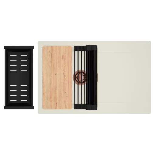 HD Onyx White 78 egymedencés gránit mosogatótálca szett, vágódeszkával, csepegtetőtálcával, vágódeszkával, matt fekete csepegtetőráccsal és kosárral, tört fehér színben, szálcsiszolt réz leeresztő szifonnal