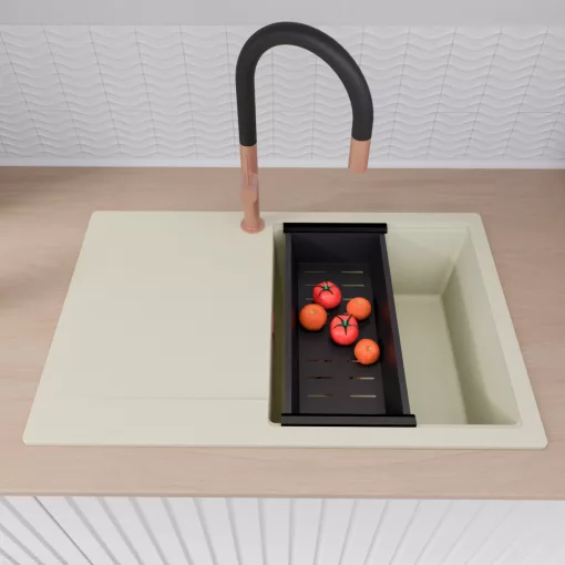 HD Onyx White 78 egymedencés gránit mosogatótálca szett, vágódeszkával, csepegtetőtálcával, vágódeszkával, matt fekete csepegtetőráccsal és kosárral, tört fehér színben, szálcsiszolt réz leeresztő szifonnal