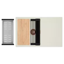 HD Onyx White 78 egymedencés gránit mosogatótálca szett, vágódeszkával, csepegtetőtálcával, vágódeszkával, matt fekete csepegtetőráccsal és krómozott kosárral, tört fehér színben, szálcsiszolt réz leeresztő szifonnal