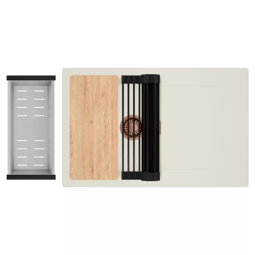 HD Onyx White 78 egymedencés gránit mosogatótálca szett, vágódeszkával, csepegtetőtálcával, vágódeszkával, matt fekete csepegtetőráccsal és krómozott kosárral, tört fehér színben, szálcsiszolt réz leeresztő szifonnal