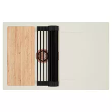 HD Onyx White 78 egymedencés gránit mosogatótálca szett, vágódeszkával, csepegtetőtálcával, vágódeszkával, matt fekete csepegtetőráccsal, tört fehér színben, szálcsiszolt réz leeresztő szifonnal