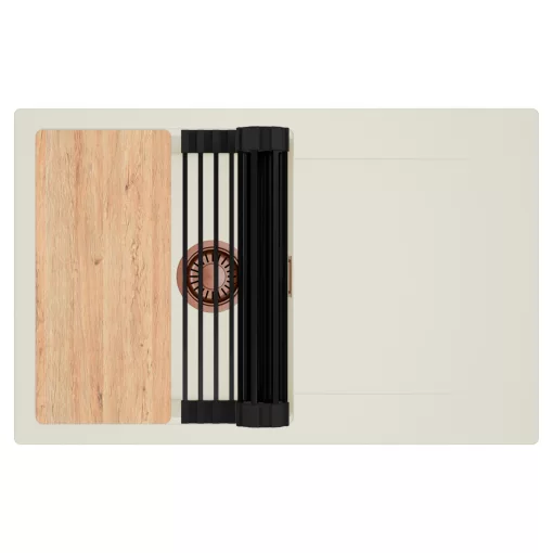 HD Onyx White 78 egymedencés gránit mosogatótálca szett, vágódeszkával, csepegtetőtálcával, vágódeszkával, matt fekete csepegtetőráccsal, tört fehér színben, szálcsiszolt réz leeresztő szifonnal