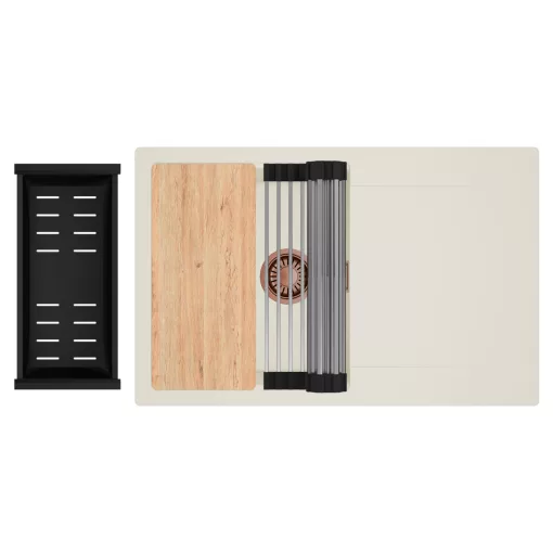 HD Onyx White 78 egymedencés gránit mosogatótálca szett, vágódeszkával, csepegtetőtálcával, vágódeszkával, acél csepegtetőráccsal és matt fekete kosárral, tört fehér színben, szálcsiszolt réz leeresztő szifonnal