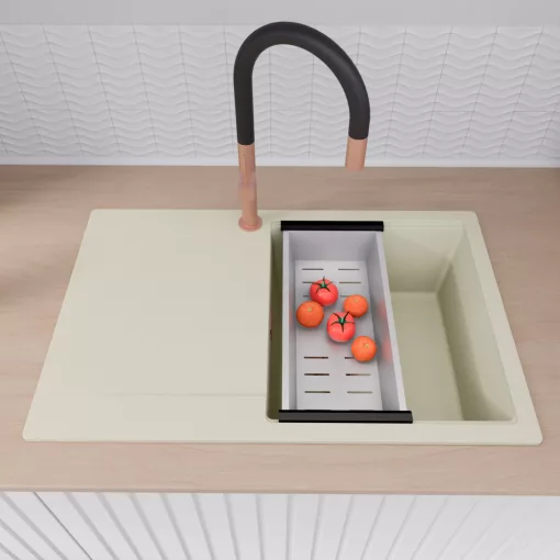 HD Onyx White 78 egymedencés gránit mosogatótálca szett, vágódeszkával, csepegtetőtálcával, vágódeszkával, acél csepegtetőráccsal és kosárral, tört fehér színben, szálcsiszolt réz leeresztő szifonnal