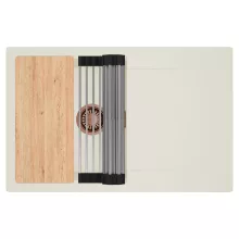 HD Onyx White 78 egymedencés gránit mosogatótálca szett, vágódeszkával, csepegtetőtálcával, vágódeszkával, acél csepegtetőráccsal, tört fehér színben, szálcsiszolt réz leeresztő szifonnal