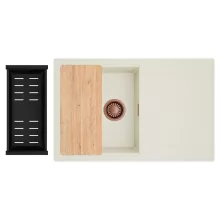 HD Onyx White 78 egymedencés gránit mosogatótálca szett, vágódeszkával, csepegtetőtálcával, vágódeszkával, matt fekete csepegtetőkosárral, tört fehér színben, szálcsiszolt réz leeresztő szifonnal