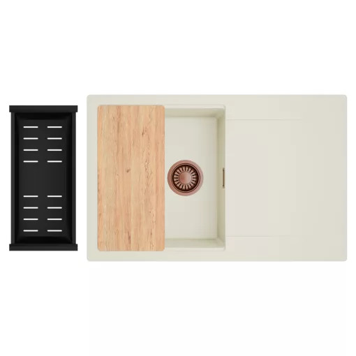 HD Onyx White 78 egymedencés gránit mosogatótálca szett, vágódeszkával, csepegtetőtálcával, vágódeszkával, matt fekete csepegtetőkosárral, tört fehér színben, szálcsiszolt réz leeresztő szifonnal