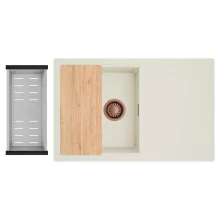 HD Onyx White 78 egymedencés gránit mosogatótálca szett, vágódeszkával, csepegtetőtálcával, vágódeszkával, acél csepegtetőkosárral, tört fehér színben, szálcsiszolt réz leeresztő szifonnal