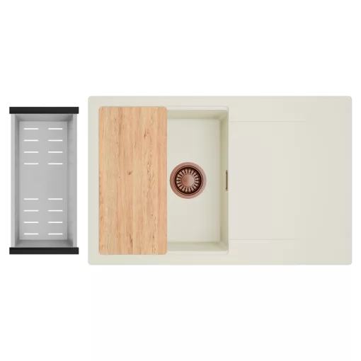 HD Onyx White 78 egymedencés gránit mosogatótálca szett, vágódeszkával, csepegtetőtálcával, vágódeszkával, acél csepegtetőkosárral, tört fehér színben, szálcsiszolt réz leeresztő szifonnal