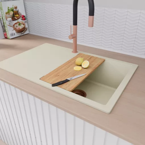 HD Onyx White 78 egymedencés gránit mosogatótálca szett, vágódeszkával, csepegtetőtálcával, vágódeszkával, acél csepegtetőkosárral, tört fehér színben, szálcsiszolt réz leeresztő szifonnal