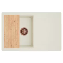 HD Onyx White 78 egymedencés gránit mosogatótálca, vágódeszkával, vágódeszkával, tört fehér színben, szálcsiszolt réz leeresztő szifonnal