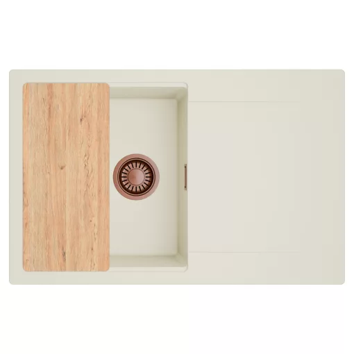 HD Onyx White 78 egymedencés gránit mosogatótálca, vágódeszkával, vágódeszkával, tört fehér színben, szálcsiszolt réz leeresztő szifonnal