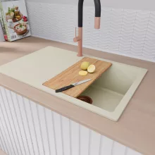 HD Onyx White 78 egymedencés gránit mosogatótálca, vágódeszkával, vágódeszkával, tört fehér színben, szálcsiszolt réz leeresztő szifonnal