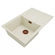 HD Onyx White 78 egymedencés gránit mosogatótálca, vágódeszkával, vágódeszkával, tört fehér színben, szálcsiszolt réz leeresztő szifonnal