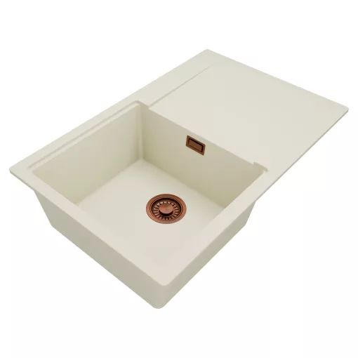 HD Onyx White 78 egymedencés gránit mosogatótálca, vágódeszkával, vágódeszkával, tört fehér színben, szálcsiszolt réz leeresztő szifonnal