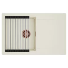 HD Onyx White 78 egymedencés mosogatótálca szett, acél csepegtetőráccsal, csepegtetőtálcával, tört fehér színben, szálcsiszolt réz leeresztő szifonnal