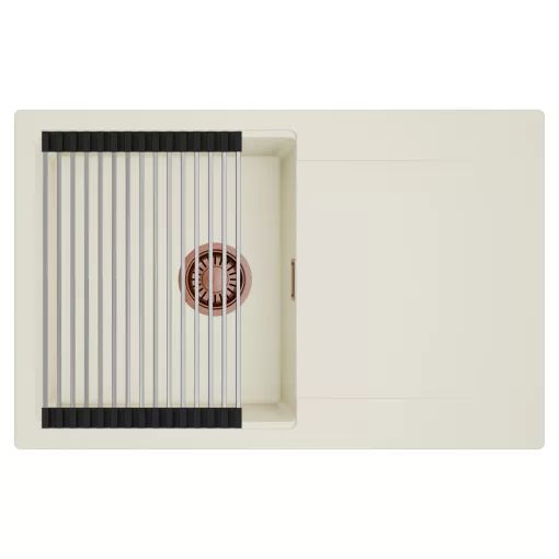 HD Onyx White 78 egymedencés mosogatótálca szett, acél csepegtetőráccsal, csepegtetőtálcával, tört fehér színben, szálcsiszolt réz leeresztő szifonnal