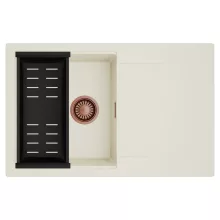 HD Onyx White 78 egymedencés mosogatótálca szett, matt fekete csepegtetőkosárral, csepegtetőtálcával, tört fehér színben, szálcsiszolt réz leeresztő szifonnal