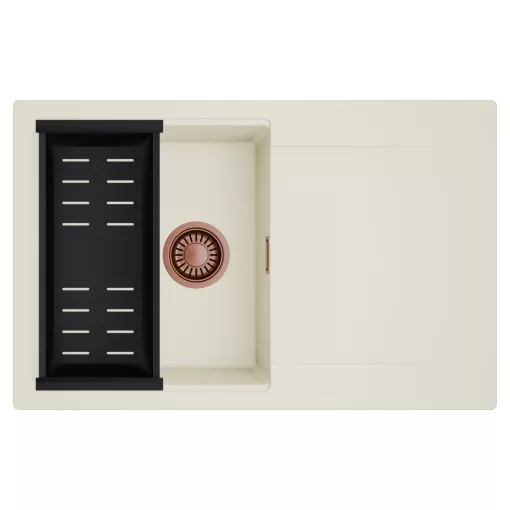 HD Onyx White 78 egymedencés mosogatótálca szett, matt fekete csepegtetőkosárral, csepegtetőtálcával, tört fehér színben, szálcsiszolt réz leeresztő szifonnal